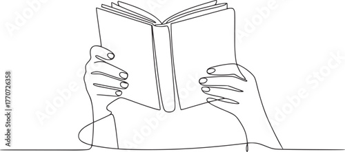 Hands holding open book continuous line art reading pages