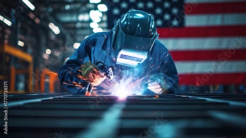Welder in protective gear sparks intensely on metal against American flag