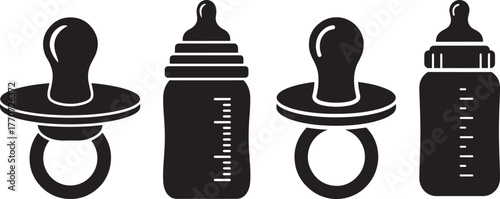 Four black silhouettes of baby bottles and pacifiers on a white background silhouette