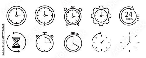 Time icon set. Containing timer, alarm, clock, schedule, hourglass, wristwatch, stopwatch, date, time management and more. Editable line icons. Vector illustration.