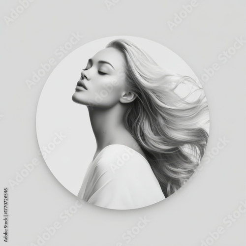 Dramatic monochrome profile portrait of a beautiful woman with flowing blonde hair, elegant and stylized, against a simple circular frame.