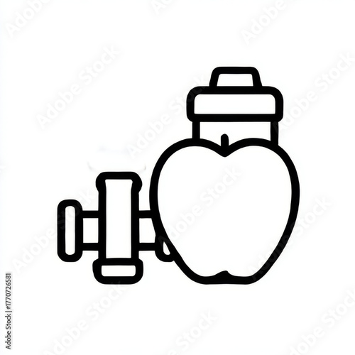 Minimalist line art icon of a heart-shaped apple, dumbbell, and pill bottle, simple black and white, representing cardio fitness and balanced health.