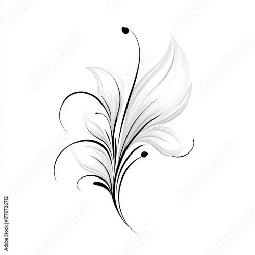 Elegant calligraphic floral ornament with white and gray leaves, graceful and delicate, representing feminine decorative art and design element.