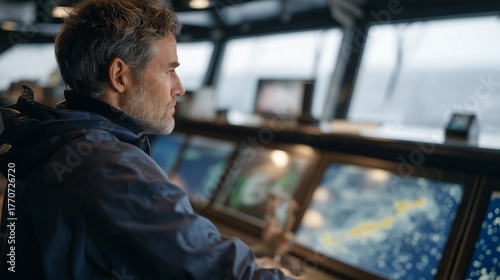 Meteorologist analyzing weather patterns, storm fronts, and sea currents on the bridge illustrates oceanographic research, navigation planning, predictive modeling, and the integration of