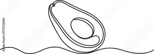 Single line drawing halved avocado with pit seed fruit