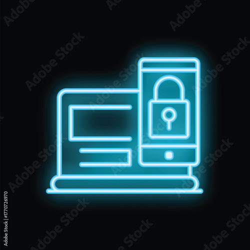 Glowing neon icon of a smartphone protecting a laptop with a closed padlock, symbolizing mobile security and data protection