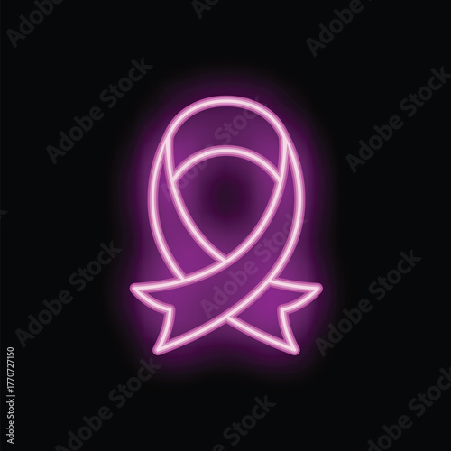 Neon pink ribbon glowing on dark background, great for representing awareness