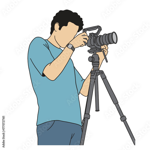Flat style illustration of a content creator sets up the camera with the tripod he will use