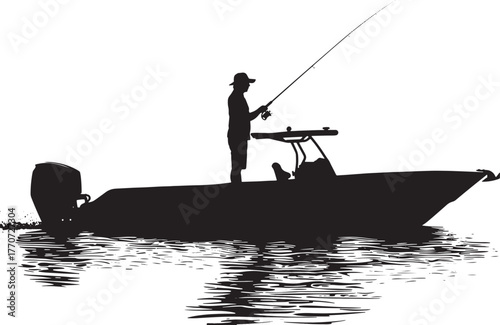 Silhouette of a man standing and fishing on a motorboat in calm waters, holding a fishing rod with reflection visible on water surface.