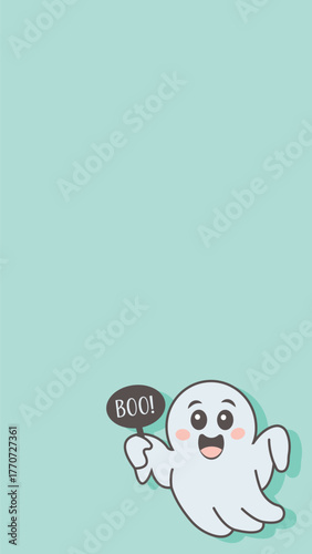 Vertical minimalist vector illustration of a cute friendly ghost holding a sign with the text Boo on a pleasant solid mint background.
