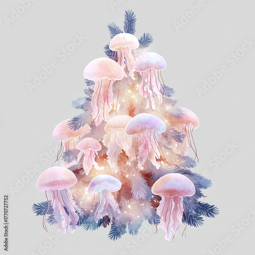 Underwater wonderland created by jellyfish and pine branches forms a unique holiday Christmas tree