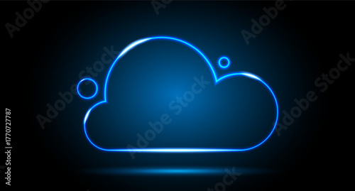 Neon digital cloud icon on a black and blue background. Visualization of data transmission over a network. Neon cloud with highlights. Vector illustration.