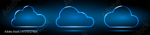 A set of neon clouds. Neon digital cloud icon on a black and blue background. Visualization of data transmission over a network. Vector EPS 10
