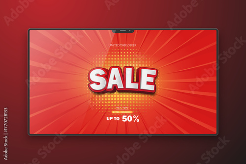 The discount sale banner is placed on the monitor screen on a dark red background. A screen layout for the sale, advertising posters, and your design. Vector EPS 10.