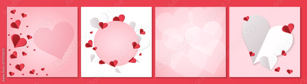 A delicate pink background with red 3D paper hearts placed along the edge. For greeting cards, banners, invitations, and social media posts. There is space for text. Vector.