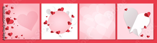 A delicate pink background with red 3D paper hearts placed along the edge. For greeting cards, banners, invitations, and social media posts. There is space for text. Vector.
