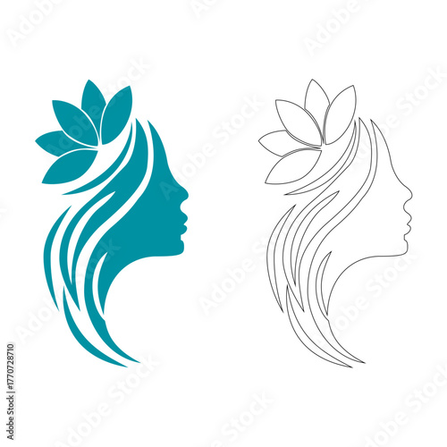 Elegant woman with flower in hair logo design beauty salon and spa concept