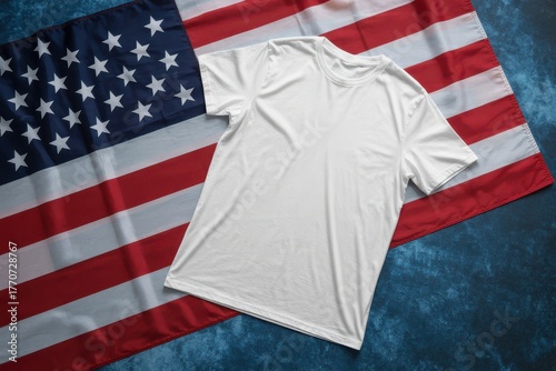 Blank white t-shirt on USA flag surface background studio concept