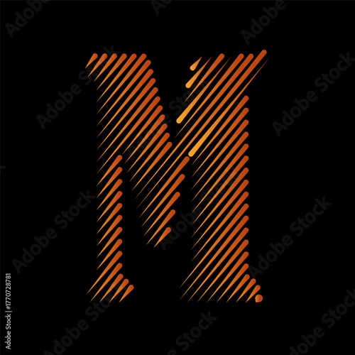 Striking letter m design with diagonal lines in shades of orange on a