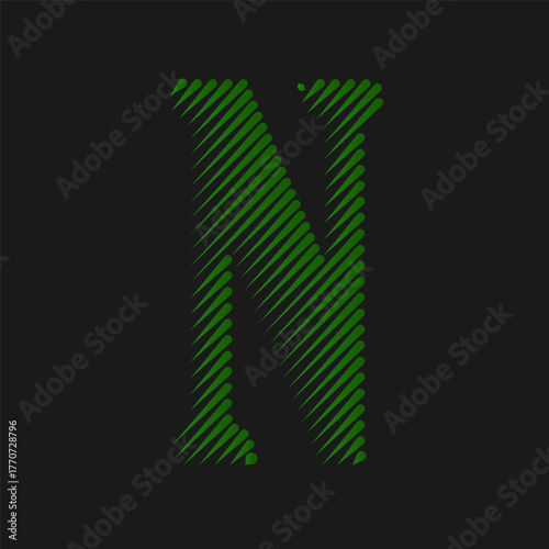Stylish letter n design with diagonal lines in shades of green on a dark background