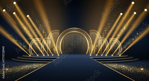 Dark blue stage with golden spotlights and glitter for luxury award ceremony design