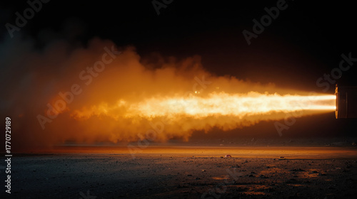 Powerful rocket engine test firing with intense flames and dramatic smoke at night in a desert landscape setting