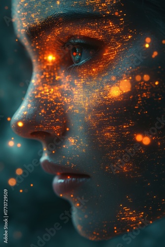Digital glow on woman face with futuristic orange light patterns