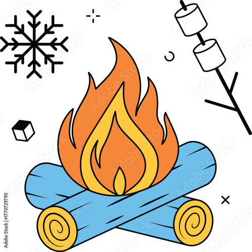 Winter campfire roasting marshmallows outdoor celebration isometric flat vector illustration