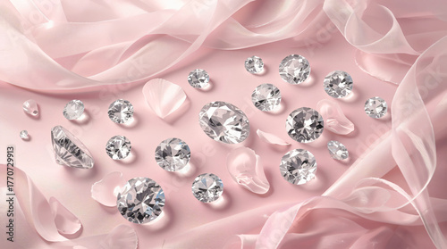 Shiny diamonds on pink silk background with luxury aesthetic