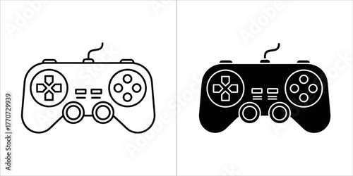 Two game controllers, one in outline and one in solid black
