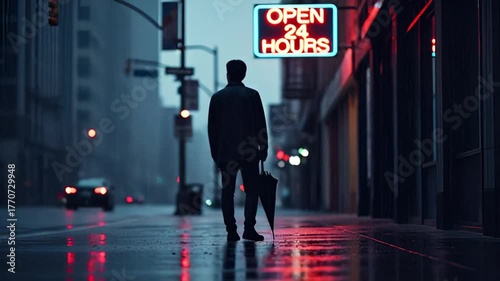 Man Standing on Rainy City Street Holding Umbrella Looking Down