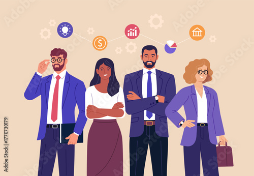 Business Leadership Concept. Vector cartoon illustration of a group of diverse people in business outfits standing together. Isolated on a background.