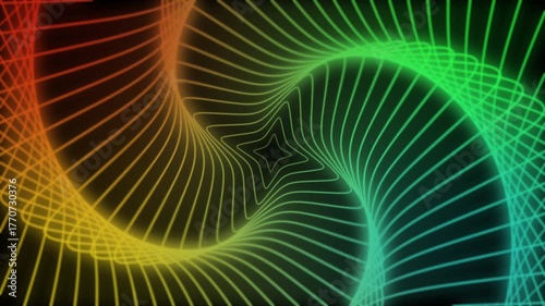 Spiral tunnel of neon lines with red to green light, suitable for abstract backgrounds or technological concepts in design projects.