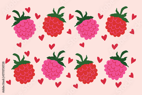 Seamless raspberry pattern with berries and leaves vector illustration