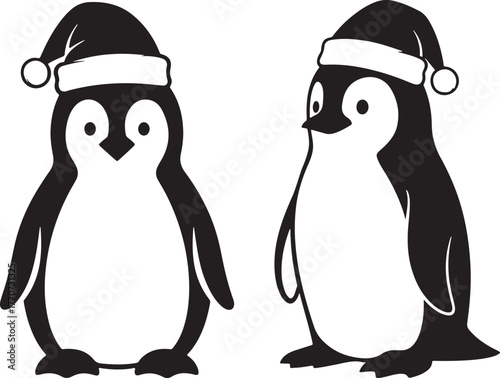 Two adorable penguin characters wearing santa hats silhouette