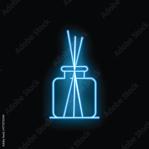 Blue neon sign of air freshener sticks in a container, spreading a pleasant aroma