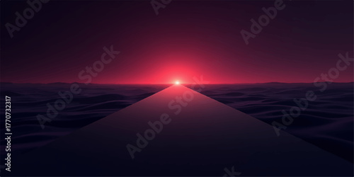 Geometric pyramid shape leading towards a bright glowing red sun on the horizon over a dark textured landscape