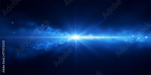 Bright blue light flare with swirling smoke and particles against a dark background