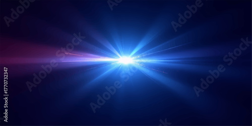 Bright blue lens flare effect with purple hues on a dark background abstract light burst