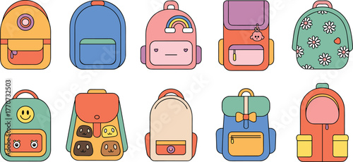 Colorful backpack collection illustration, kids school bag design, trendy student backpack vector, cute cartoon style artwork, fashion accessory graphic, modern