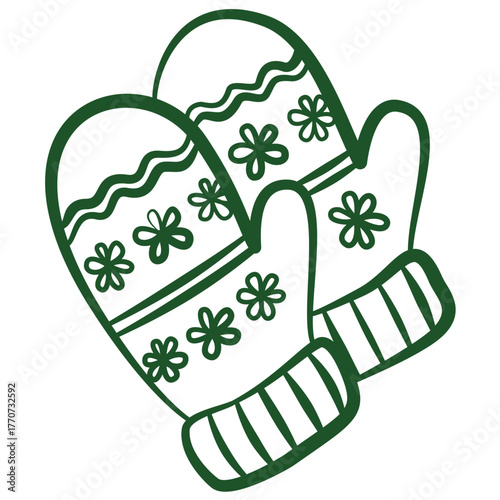 Green gloves hand drawn illustration, cute mittens, whimsical vector mittens with flowers