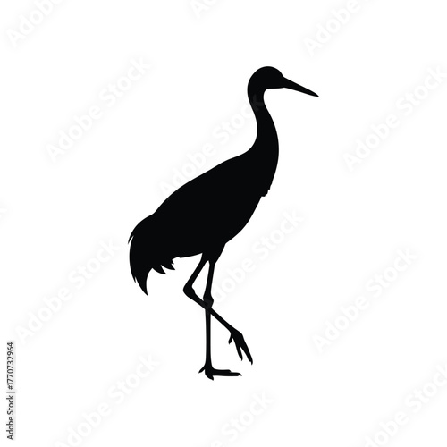 Crane standing on one leg with long neck and beak silhouette on white
