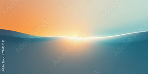 Abstract horizon with golden sunrise over calm blue water surface and gradient sky