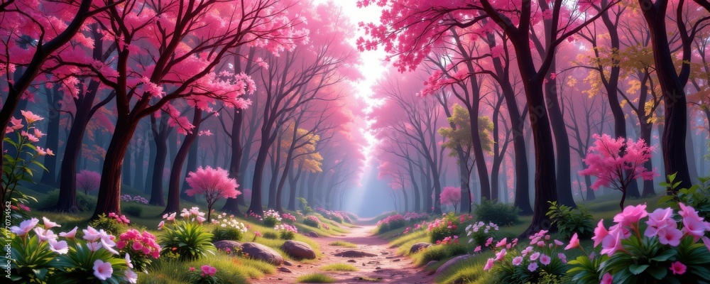 Fototapeta premium Enchanted Forest Path with Pink and Purple Foliage