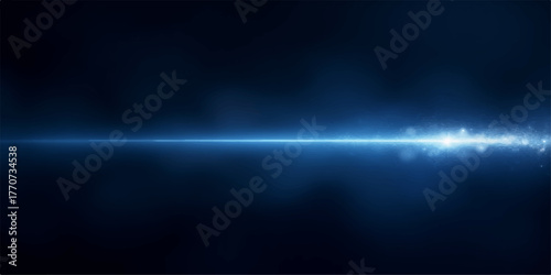 Abstract horizontal bright blue light streak with glowing particles on a dark background