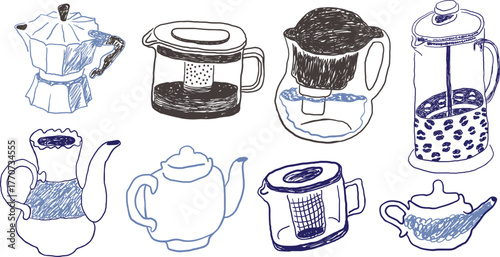 teapots and coffee pots set in hand drawn style in vector. Element for design advertisement mail posts poster print postcard banner decor backgrounds