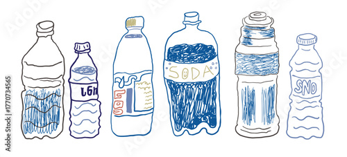 drinks plastic bottles set in hand drawn style in vector. Element for design advertisement mail posts poster print postcard banner decor backgrounds