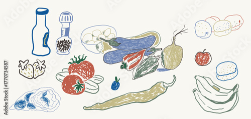 vegetables and fruits on the table in hand drawn style in vector. Element for design advertisement mail posts poster print postcard banner decor backgrounds