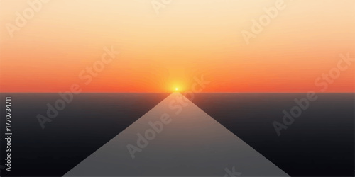 Vast horizon with a bright sun setting over a dark landscape and a straight road