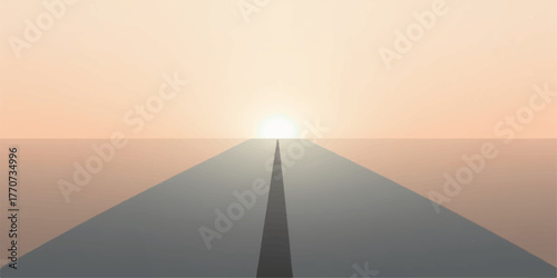Endless road stretching towards a bright glowing sun on the horizon at sunrise or sunset